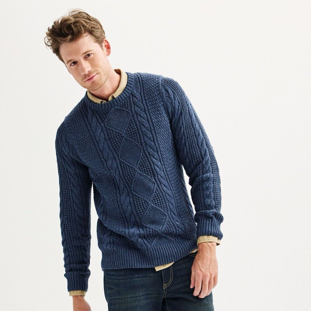 Sonoma Sweater Fisherman Crew Neck Men's XL Blue Cotton Acrylic Long Sleeve NWT